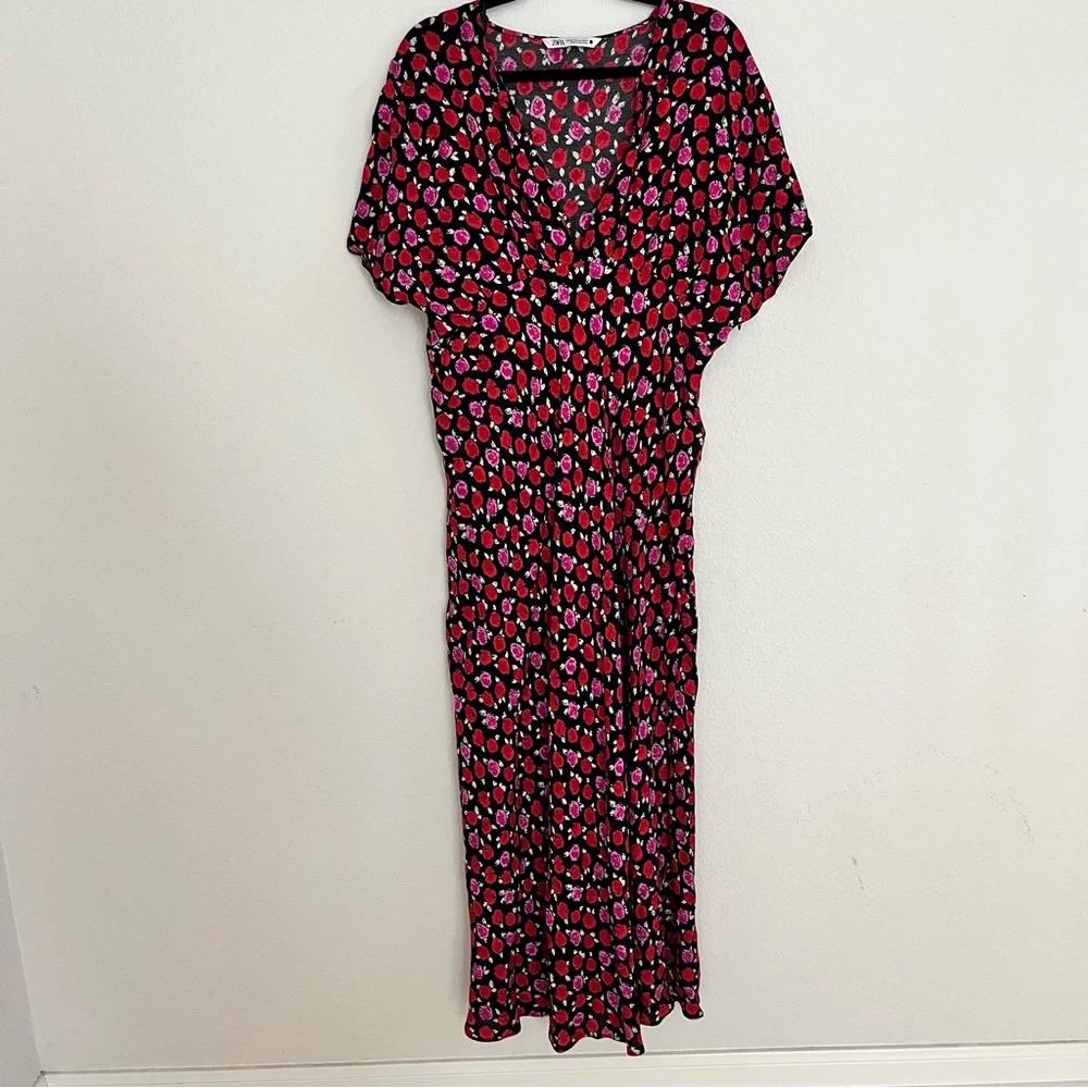Zara Red Pink Floral Maxi Dress Romantic Cottagecore Boho Spring Whimsigoth - Picture 2 of 14